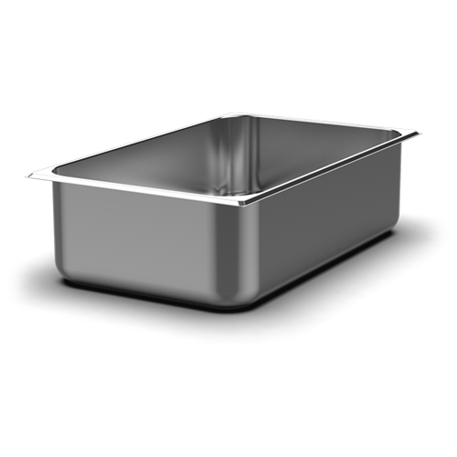Uma panela de aço inoxidável sobre um fundo branco.