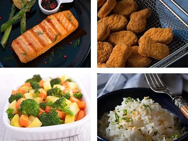 Uma colagem de quatro fotos de diferentes tipos de comida.