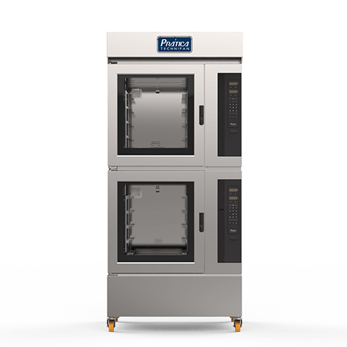 Um forno de aço inoxidável empilhado um sobre o outro em um fundo branco.
