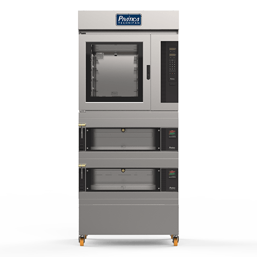 Um forno de aço inoxidável com três bandejas em um fundo branco.