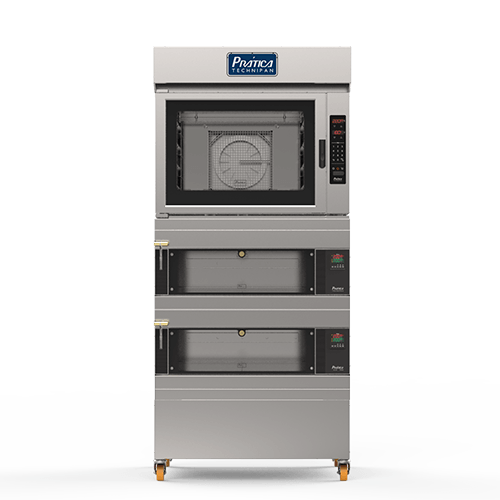 Um forno de aço inoxidável empilhado um sobre o outro em um fundo branco.