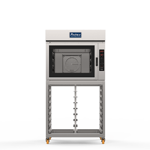 Um forno de aço inoxidável com rodas em um suporte sobre um fundo branco.
