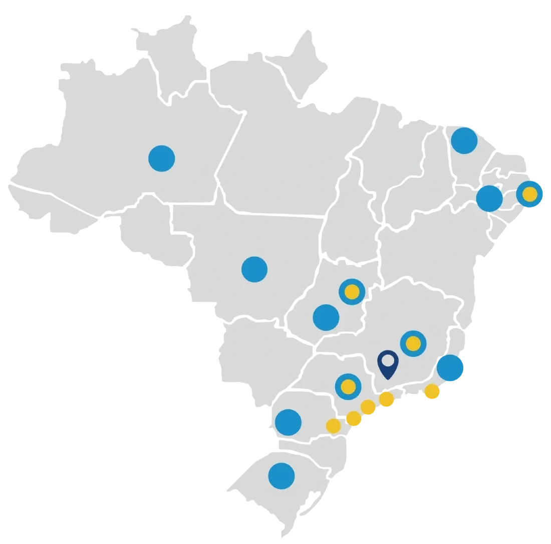 Um mapa do brasil com círculos azuis e amarelos
