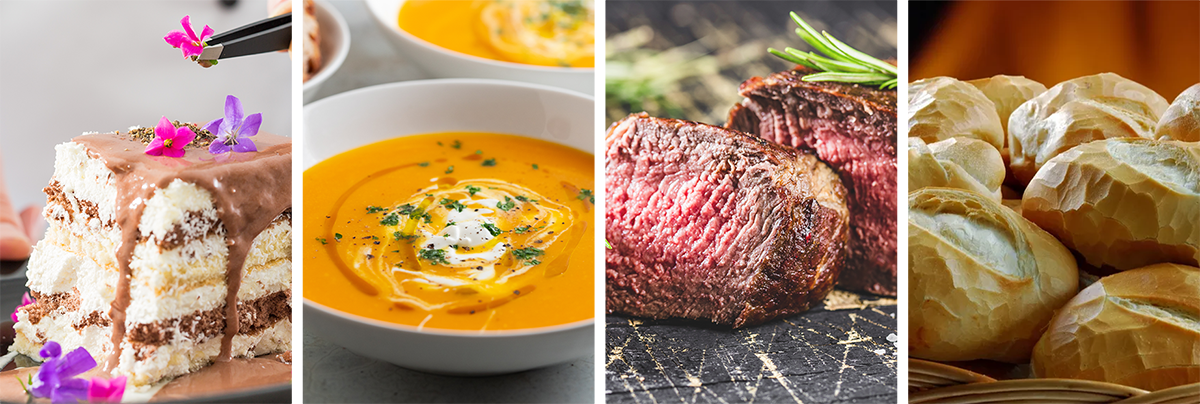 Uma colagem de quatro fotos de diferentes tipos de comida.