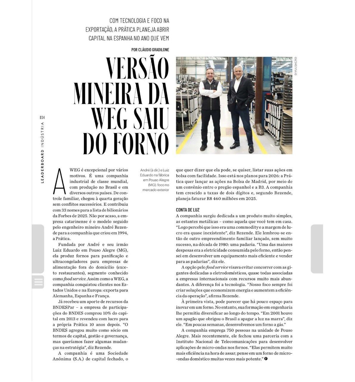 Dois homens em ambiente fabril; título do artigo: