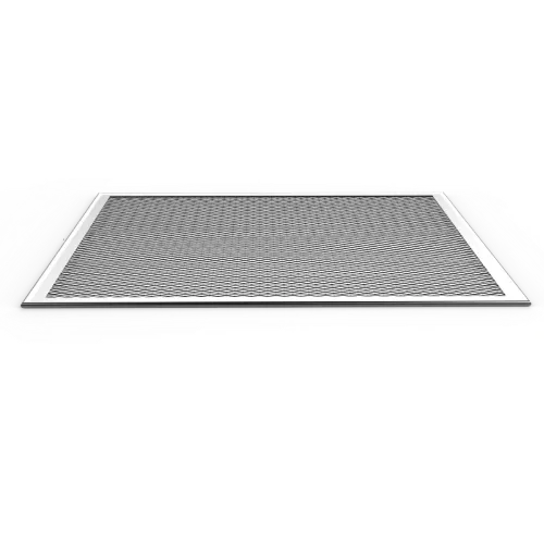 Um filtro de ar de aço inoxidável com uma moldura branca em um fundo branco.