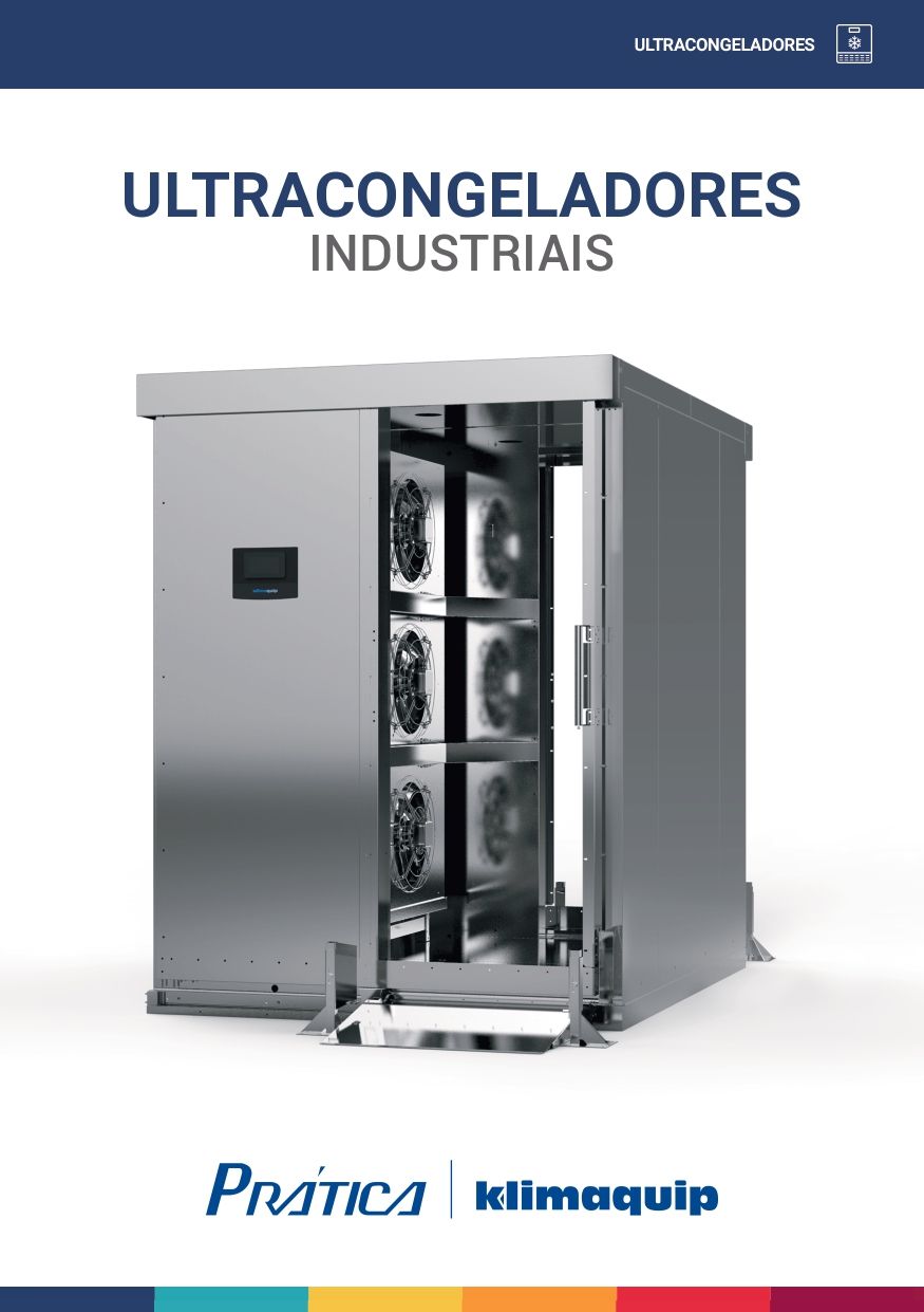 A brochure for ultracongeladores industriais with a picture of a refrigerator.