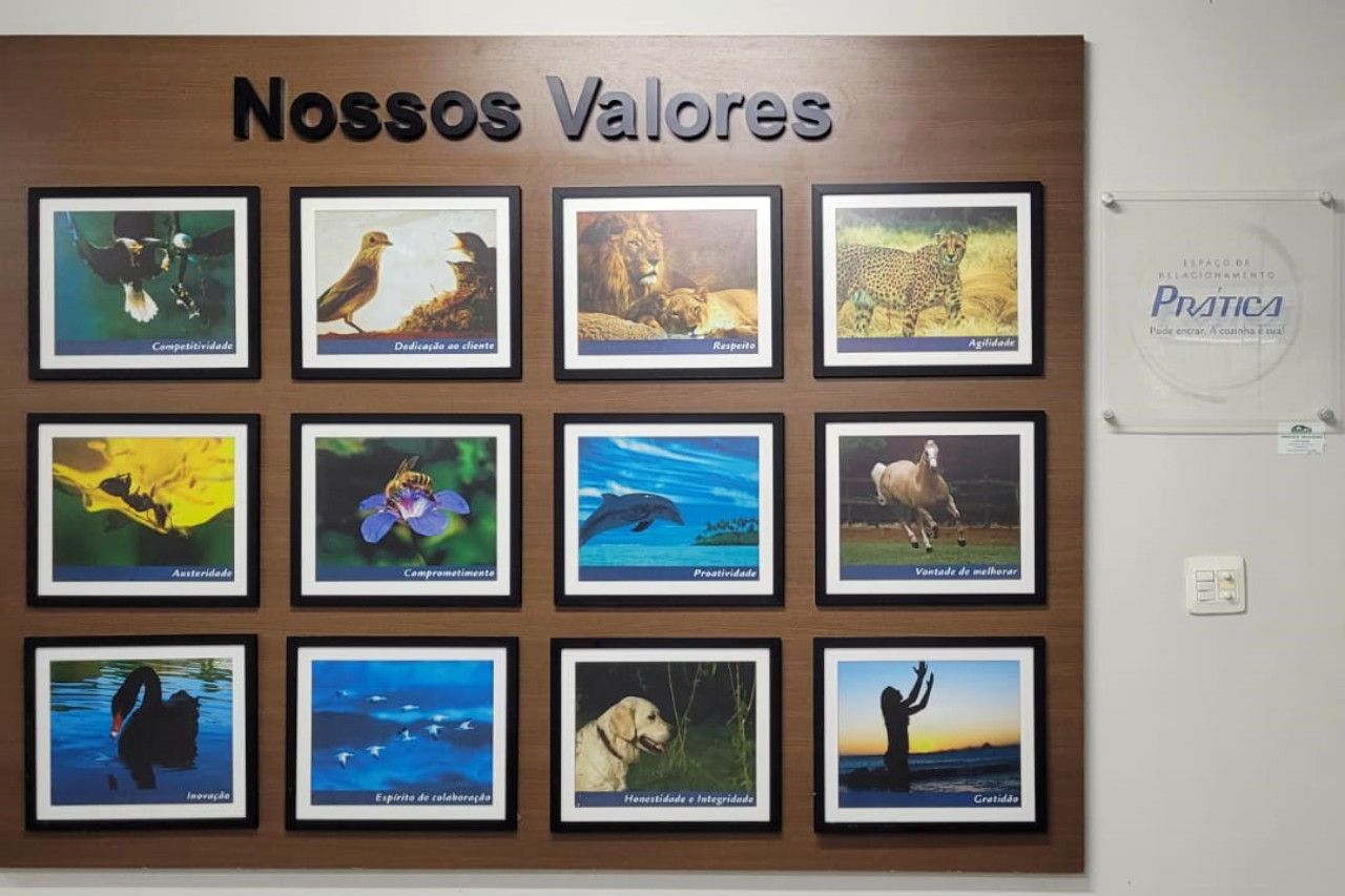 Uma parede com fotos que dizem