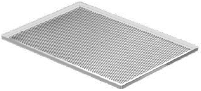 Uma bandeja de metal com furos sobre um fundo branco.