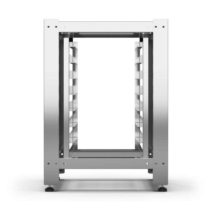 Um suporte de aço inoxidável com fundo branco e estrutura de aço inoxidável.