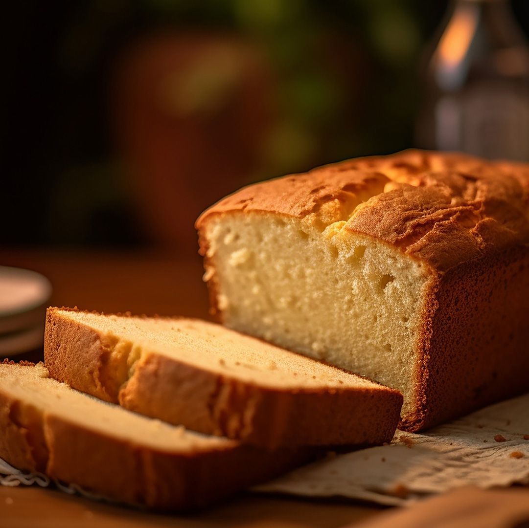 Um pedaço de pão está sobre uma mesa de madeira com fatias retiradas dele.