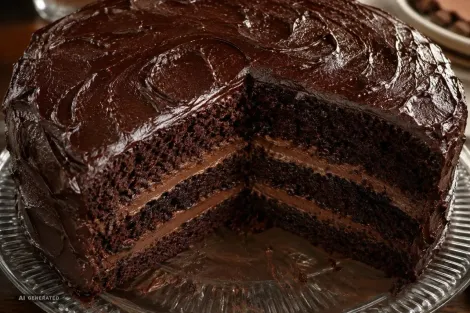 Bolo de chocolate em camadas com cobertura brilhante e uma fatia cortada, mostrando as camadas escuras do bolo.