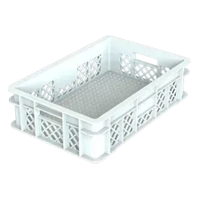 Uma caixa de plástico branca com furos sobre um fundo branco.