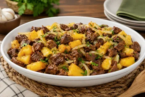 Comida típica do Nordeste com carne de sol em cubos, macaxeira dourada, cebola e cheiro-verde em travessa branca.