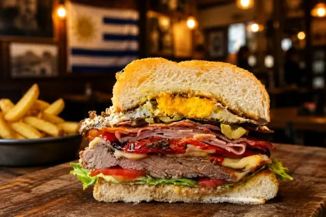 Chivito uruguaio com queijo, bacon e batatas fritas empilhados sobre uma mesa de madeira em um restaurante com pouca luz.