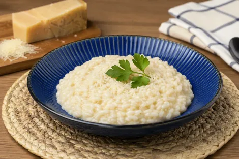 Risoto cremoso de queijo em uma tigela azul, decorado com salsa, sobre um jogo americano de vime com queijo ao fundo.