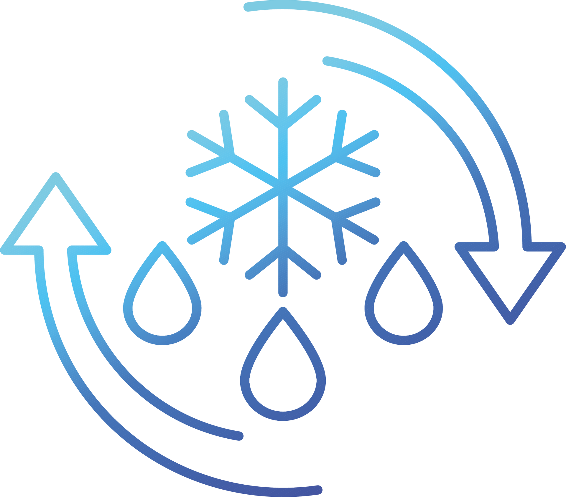 Um desenho de um floco de neve cercado por setas e gotas de água.