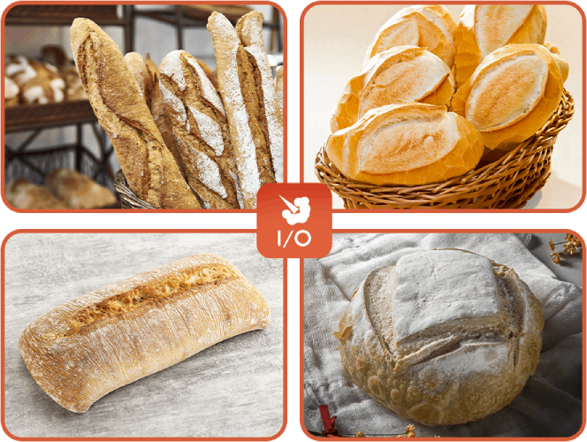 Uma colagem de quatro fotos de diferentes tipos de pão
