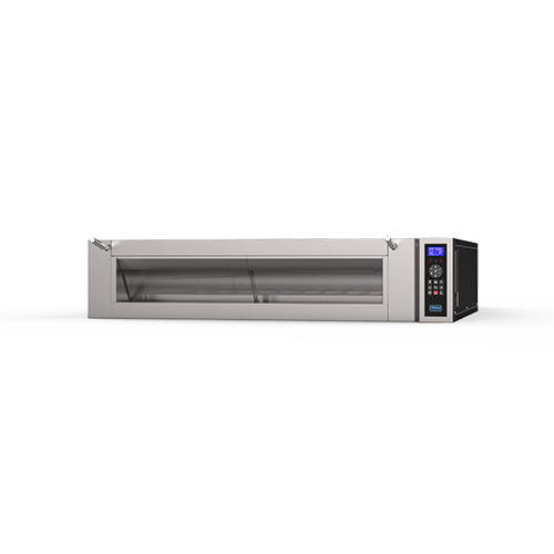 Um forno de aço inoxidável com uma porta de vidro em um fundo branco.