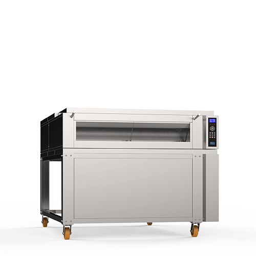 Um forno de aço inoxidável com rodas em um fundo branco.