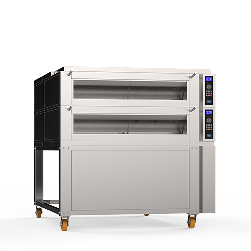 Um forno de aço inoxidável com rodas em um fundo branco.