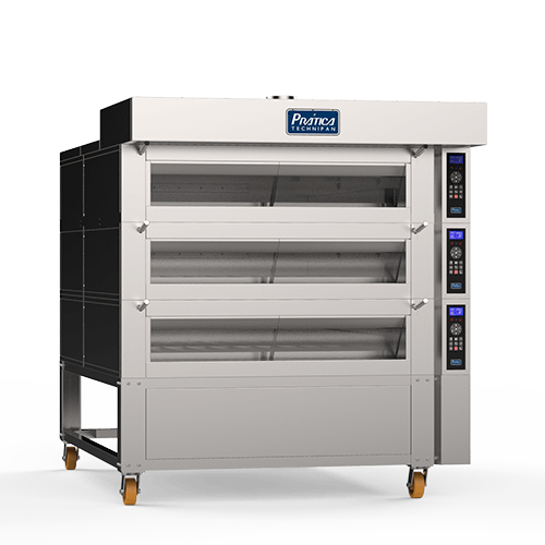 Um forno de aço inoxidável com rodas em um fundo branco.
