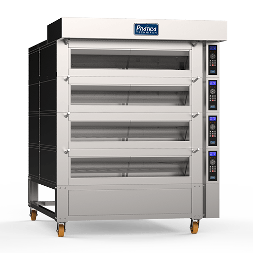 Um forno de aço inoxidável com rodas em um fundo branco