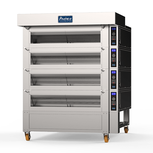 Um forno de aço inoxidável com rodas em um fundo branco.
