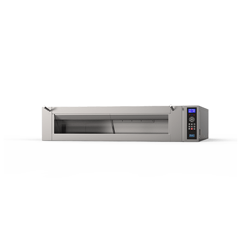 Um forno de pizza de aço inoxidável com um visor digital em um fundo branco.