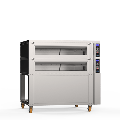 Um forno de aço inoxidável com rodas em um fundo branco.