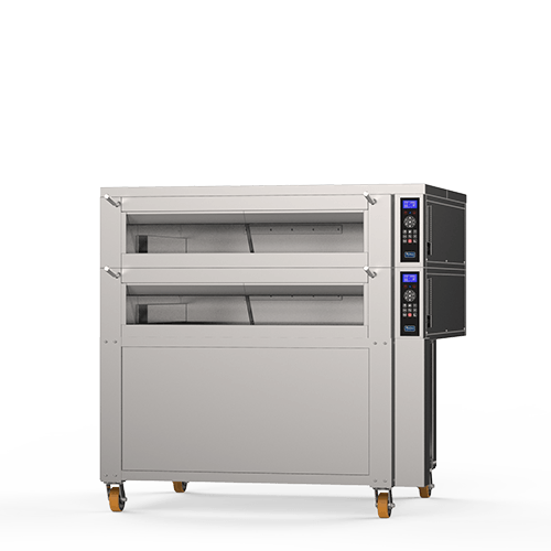 Um forno de aço inoxidável com rodas em um fundo branco.