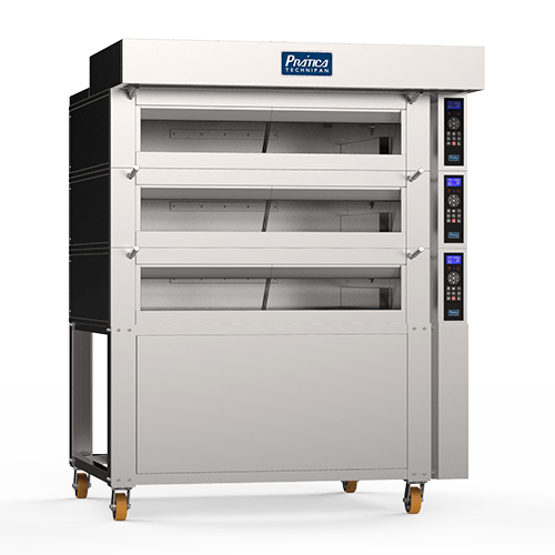 Um forno de aço inoxidável com rodas em um fundo branco