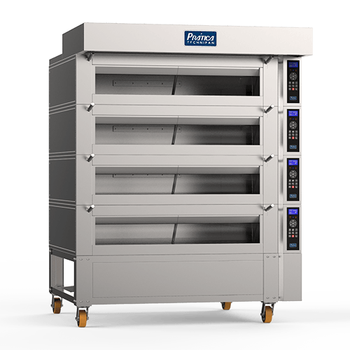 Um forno de aço inoxidável com rodas em um fundo branco