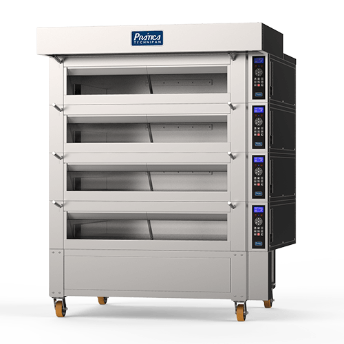 Um forno de aço inoxidável com rodas em um fundo branco.