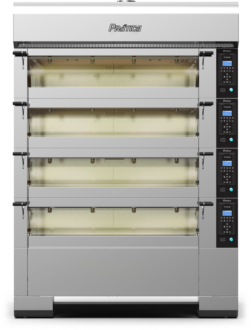 Um grande forno de aço inoxidável com quatro prateleiras