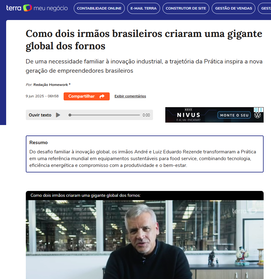 A man is sitting in a kitchen on a website titled como dois irmãos brasileiros criaram uma gigante global dos fornos