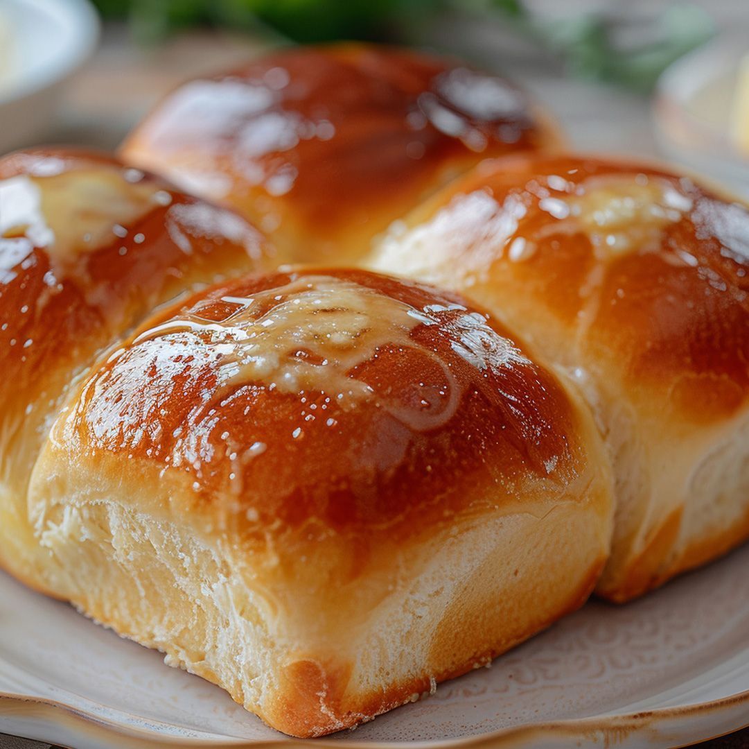 Um prato branco coberto com um monte de pãezinhos sobre uma mesa.