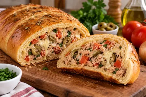 Pão recheado com ervas, fatiado sobre uma tábua de madeira, com azeitonas, tomates e uma pequena tigela de molho ao fundo.