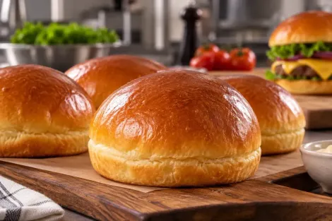 Pães de hambúrguer frescos e dourados sobre uma tábua de madeira em uma cozinha, com hambúrgueres e ingredientes desfocados ao fundo.