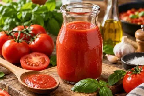 Pote de molho de tomate vermelho fresco com tomates maduros, manjericão, alho e azeite sobre uma mesa rústica