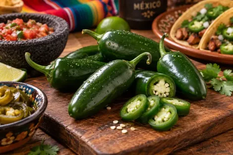 Pimentas jalapeño em uma tábua de madeira com pratos mexicanos e salsa ao fundo.
