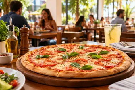 Uma pizza grande de queijo sobre uma mesa em um restaurante movimentado, com os clientes desfocados ao fundo
