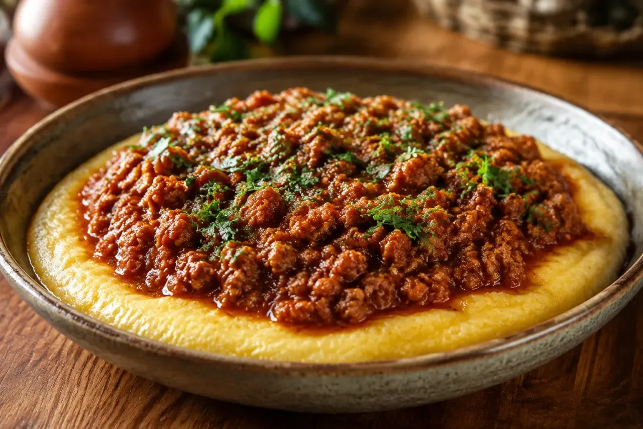 Polenta coberta com um rico molho de carne e ervas picadas em um prato raso sobre uma mesa de madeira.