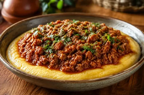 Polenta coberta com um rico molho de carne e ervas picadas em um prato raso sobre uma mesa de madeira.