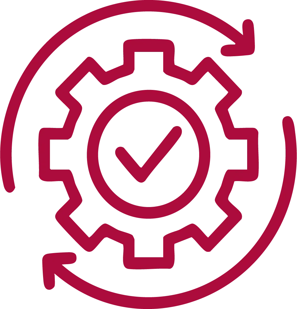 Blue gear with checkmark, surrounded by arrows, indicating process completion.