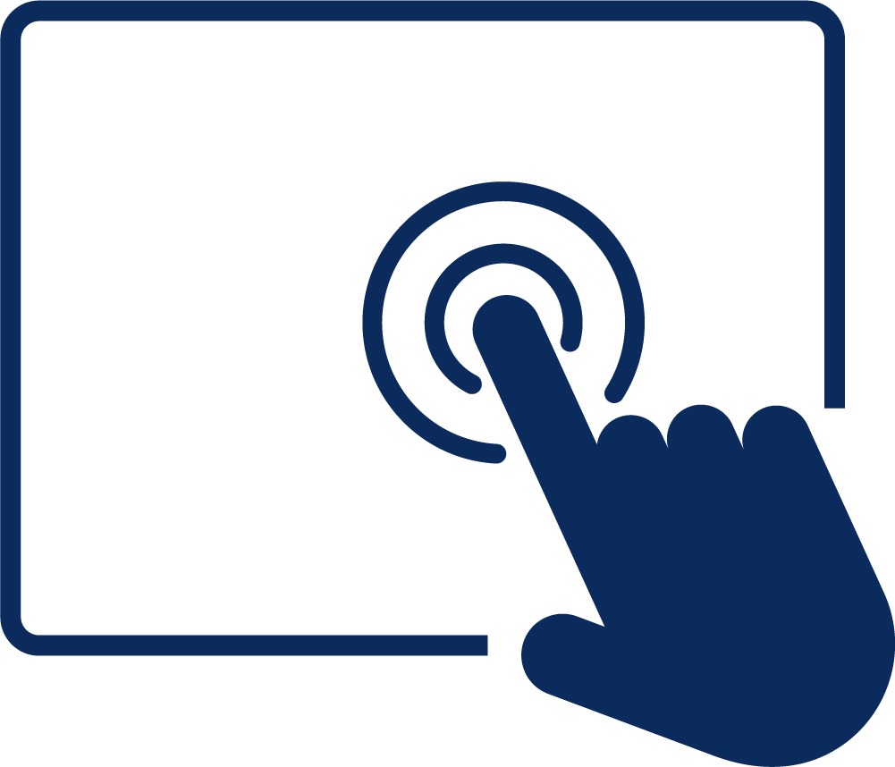 Mão azul pressionando um botão circular sensível ao toque na tela de um tablet.