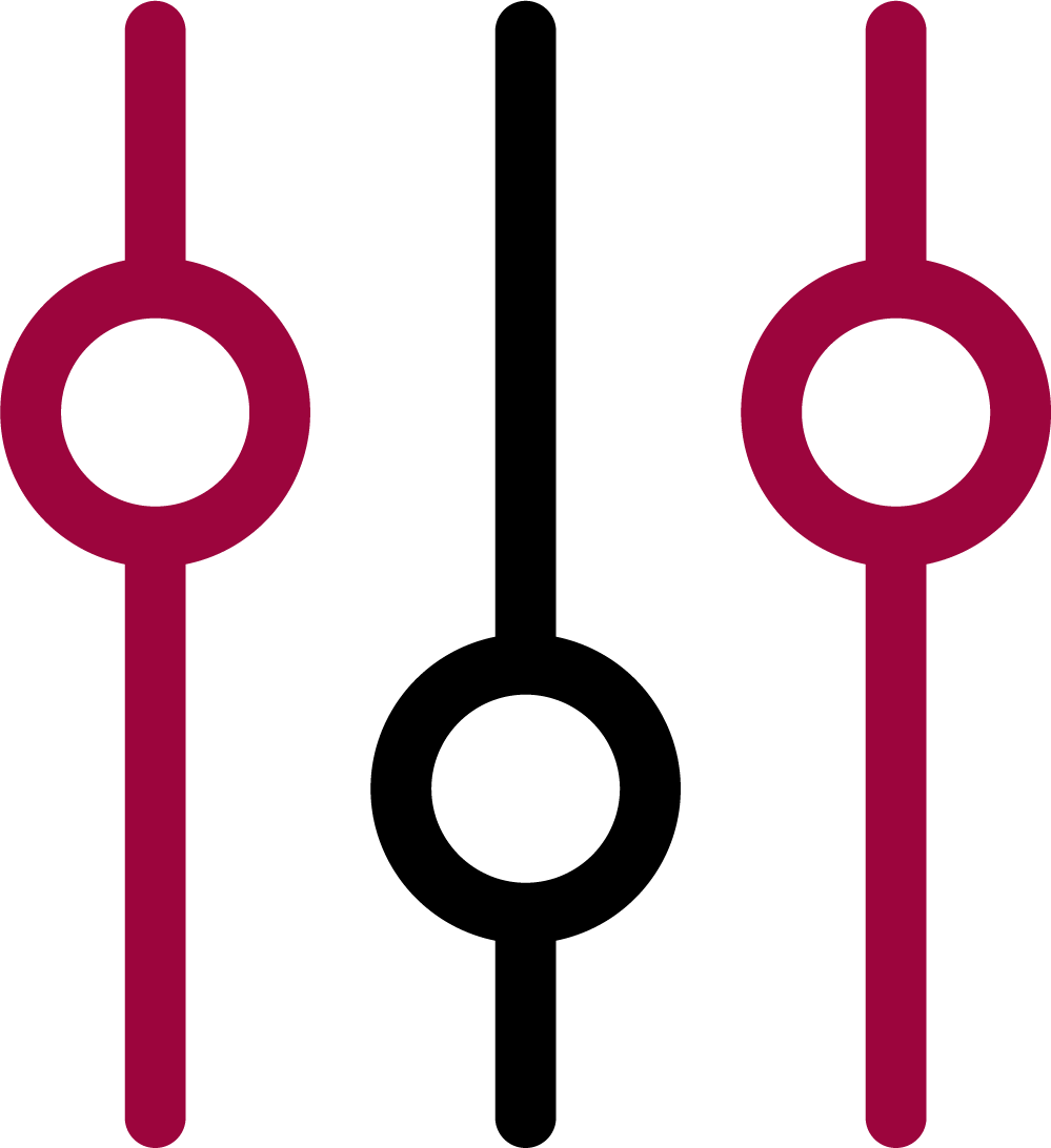 Três controles deslizantes verticais: magenta, preto e magenta sobre fundo branco.