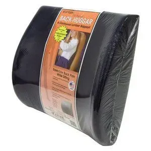 A black back hugging pillow with a picture of a woman on it.
