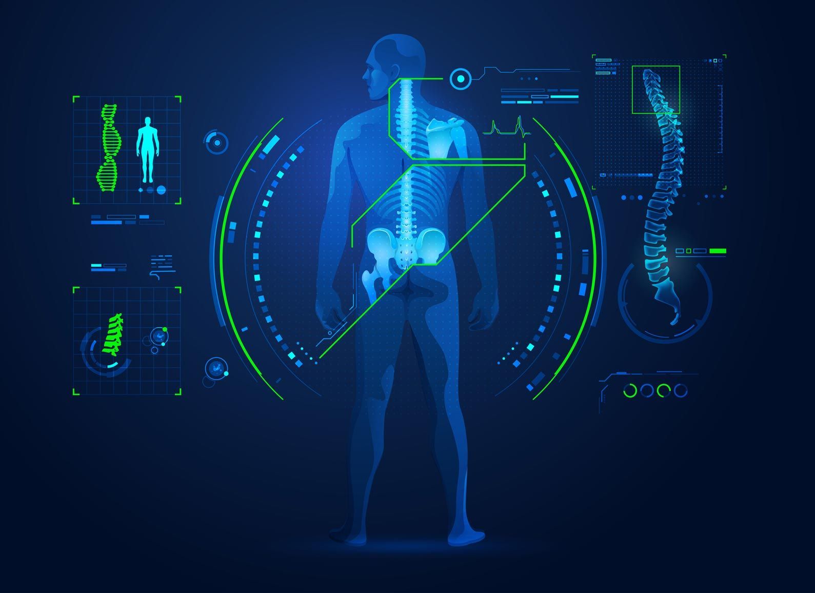 A man is standing in front of a screen showing his spine.