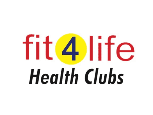 A logo for fit 4 life health clubs on a white background